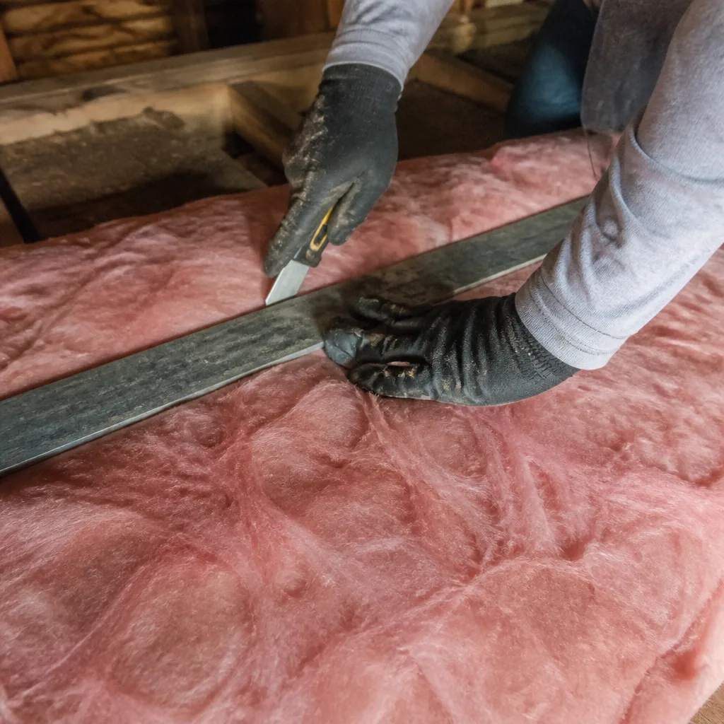 Professional blowing insulation into an attic for home energy efficiency