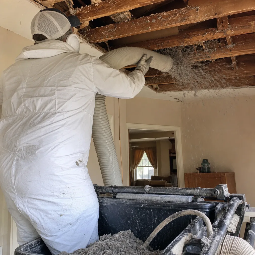 Technician in protective suit removing loose-fill insulation from an attic.