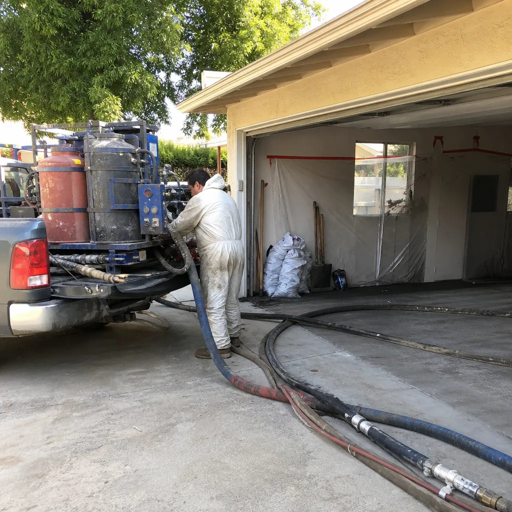 Professional contractor applying spray foam insulation to a wooden roof deck.