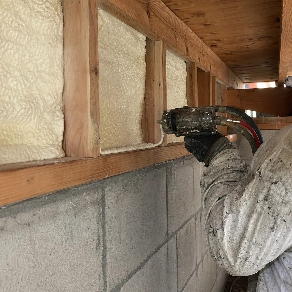 Professional contractor applying spray foam insulation to ceiling joists