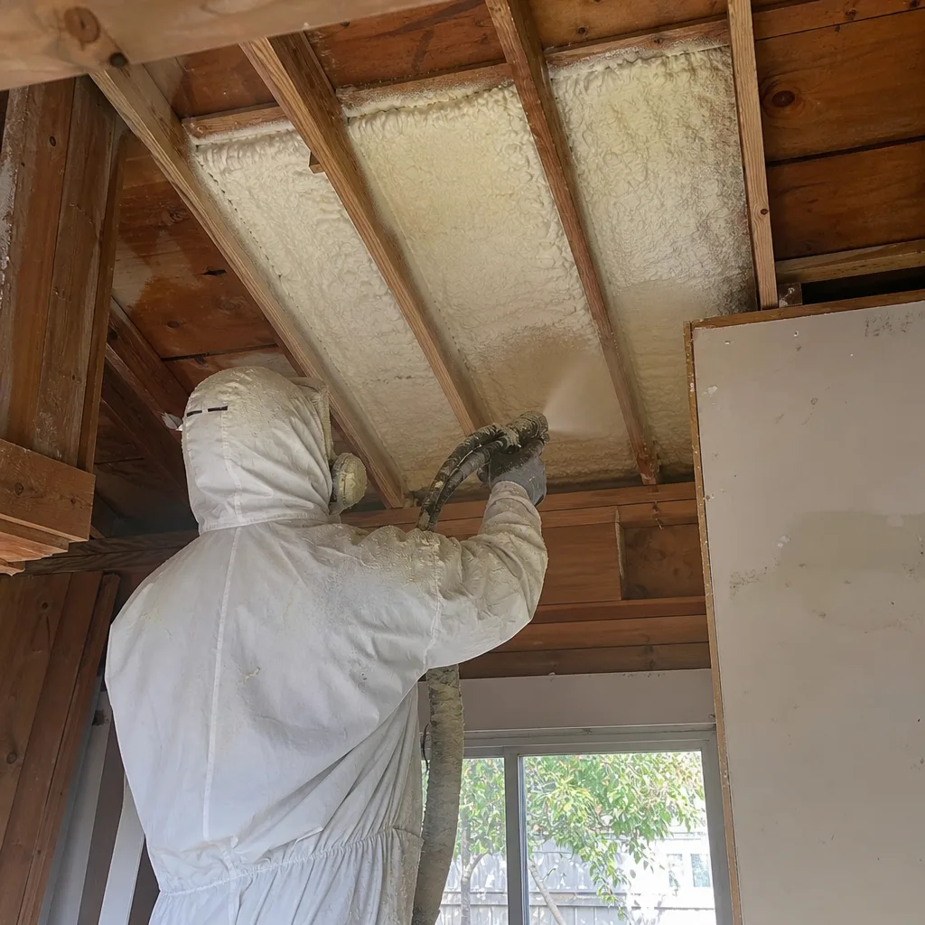 professional applying spray foam insulation between wooden floor joists